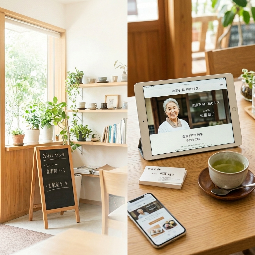 日本のカフェとタブレットでWebページを見る温かい風景