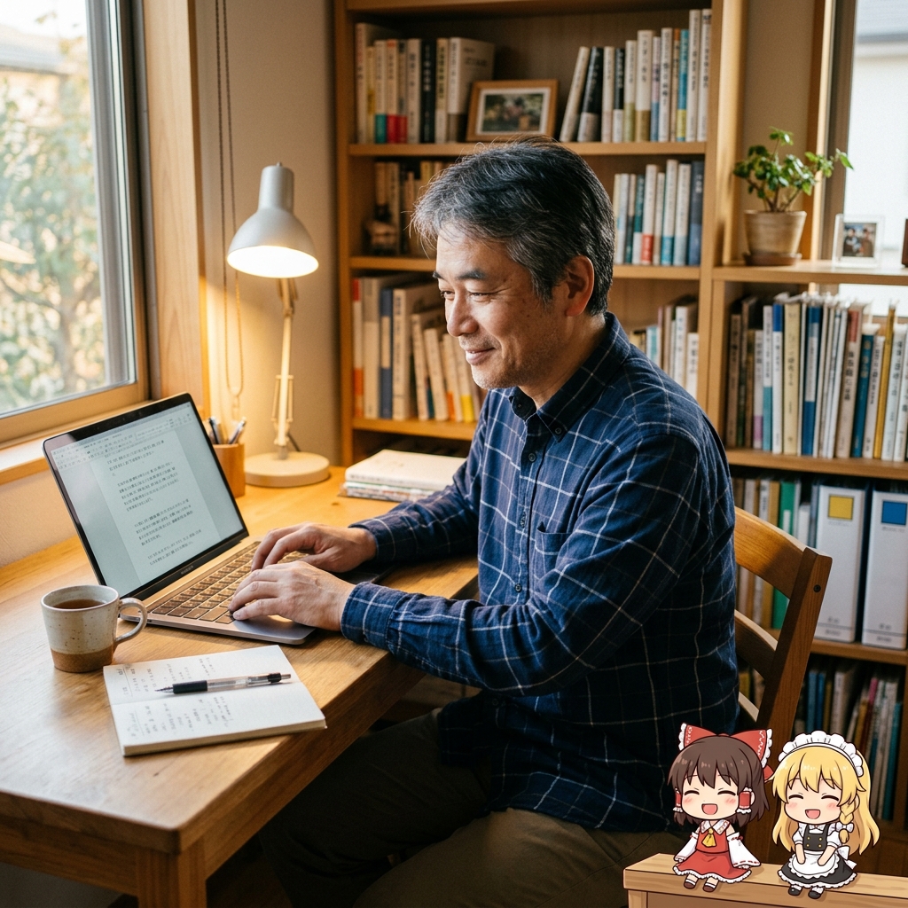 シナリオライターが執筆中の温かい雰囲気